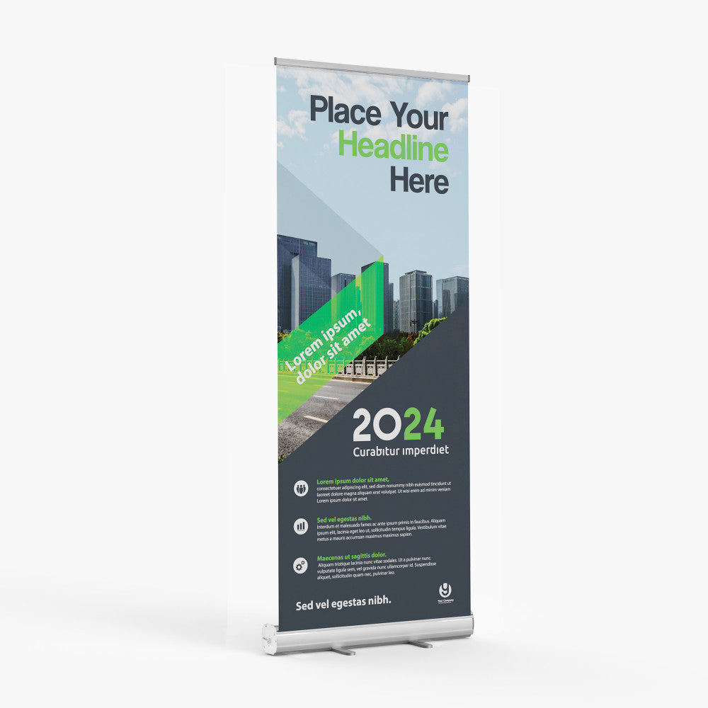 33x81 inch custom retractable banner stand with cityscape design, portable roll-up display for trade shows, events, and business promotions.