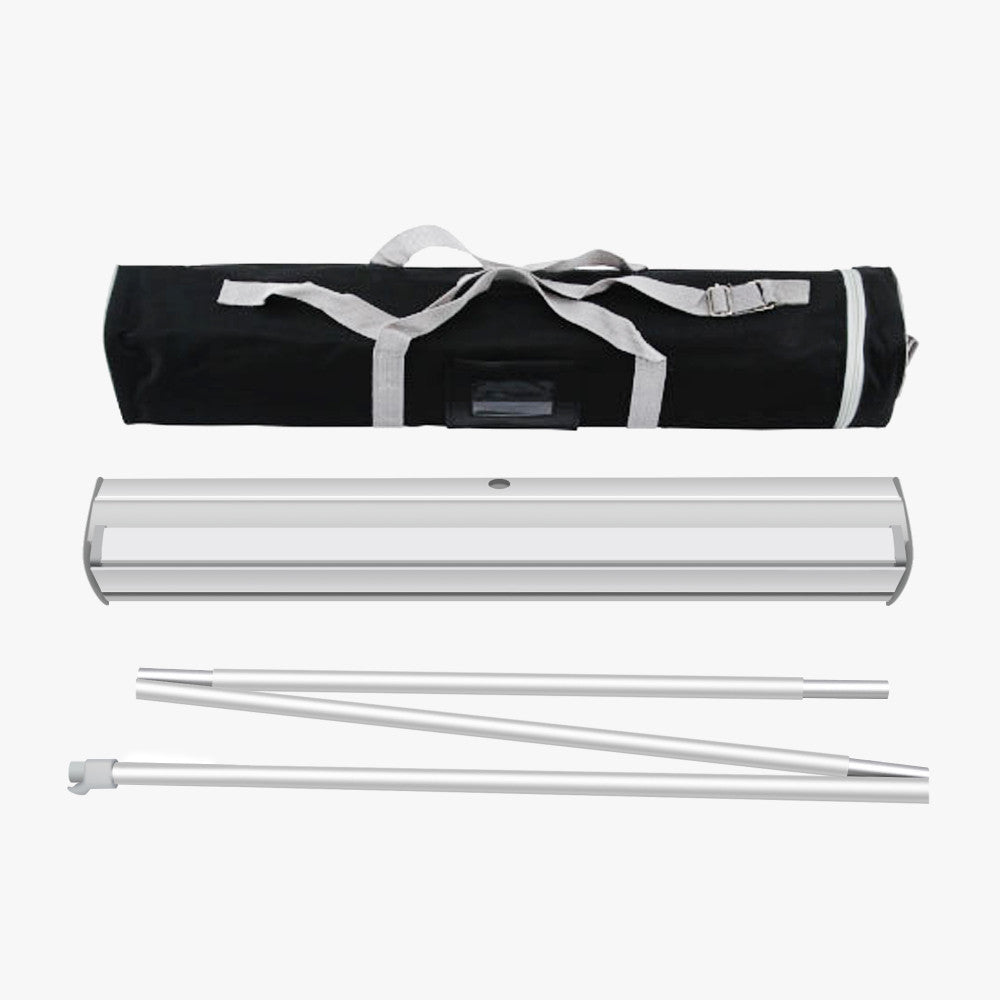 Retractable banner stand kit with padded carrying case, aluminum base, and support poles for portable trade show and event displays.