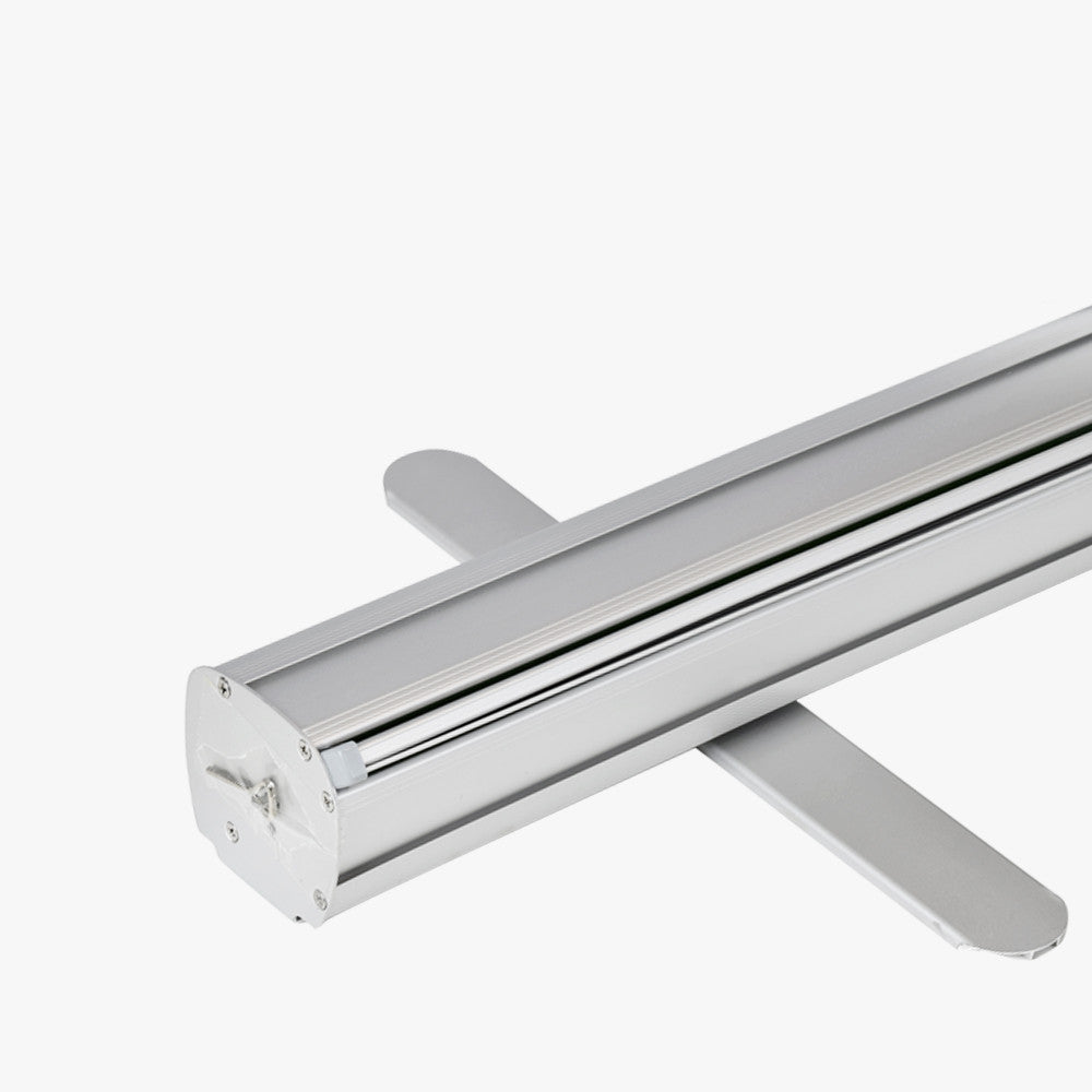 Retractable banner stand aluminum base, portable roll-up display hardware for pop up custom banners and trade show signage.