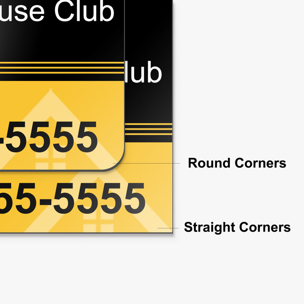 Comparison of custom car magnets with round corners versus straight corners, showing design and corner style options for vehicle magnets.