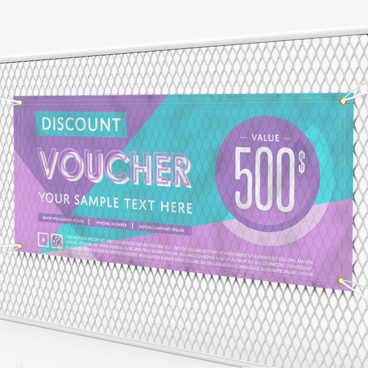 Custom printed mesh vinyl banner with discount voucher design, displayed on a fence, durable outdoor advertising banner with reinforced grommets.