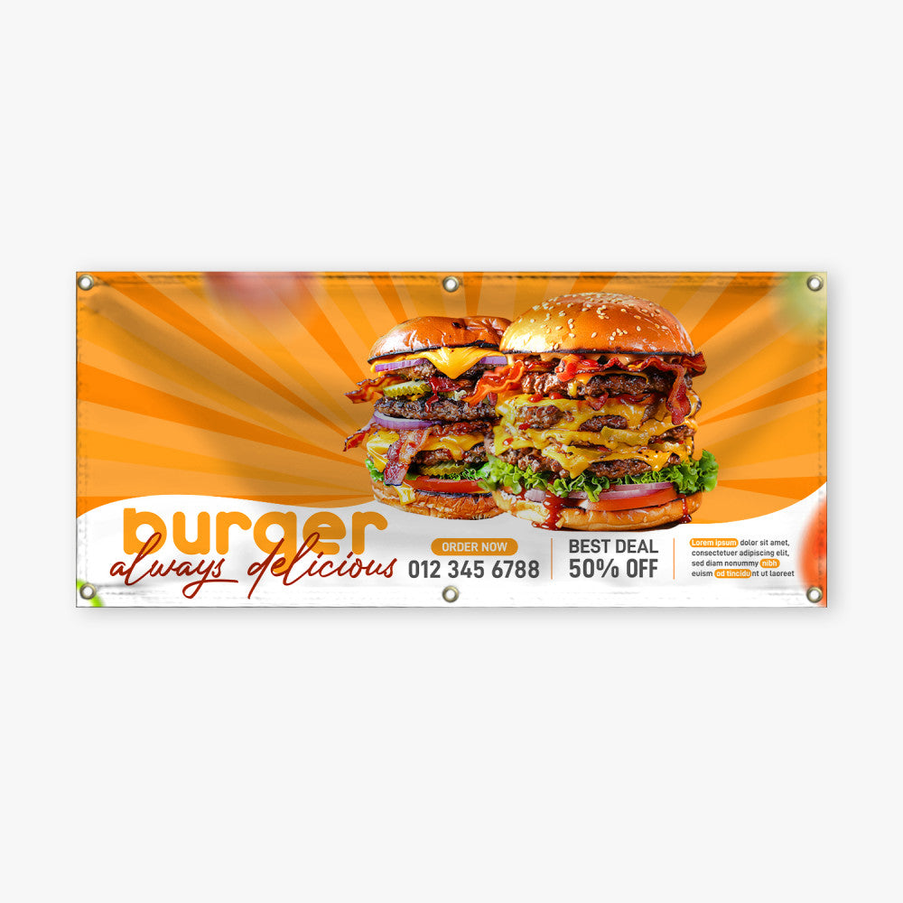 Custom vinyl banner with double cheeseburger image and restaurant promotion, orange background, sample for custom banner printing reading 'burger always delicious, order now, best deal 50% off'