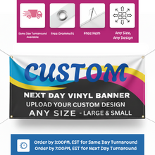 Custom vinyl banner with text and icons indicating features like same day turnaround, free grommets, and customizable design.