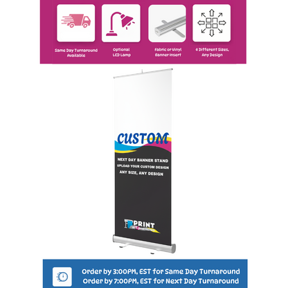 Custom Retractable Banner Stand, Pull Up Banner with Fast Shipping and Turnaround with Custom Vinyl Banner or Custom Fabric Insert