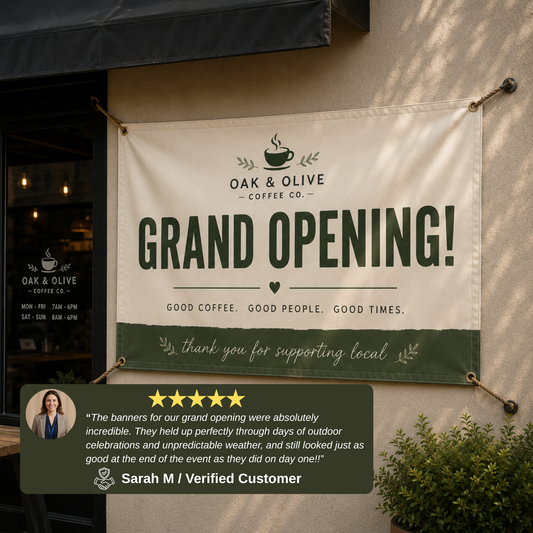 Outdoor vinyl banner displaying positive customer review for a small cafe grand opening, hung outside storefront entrance with durable weather-resistant print and vibrant professional design.