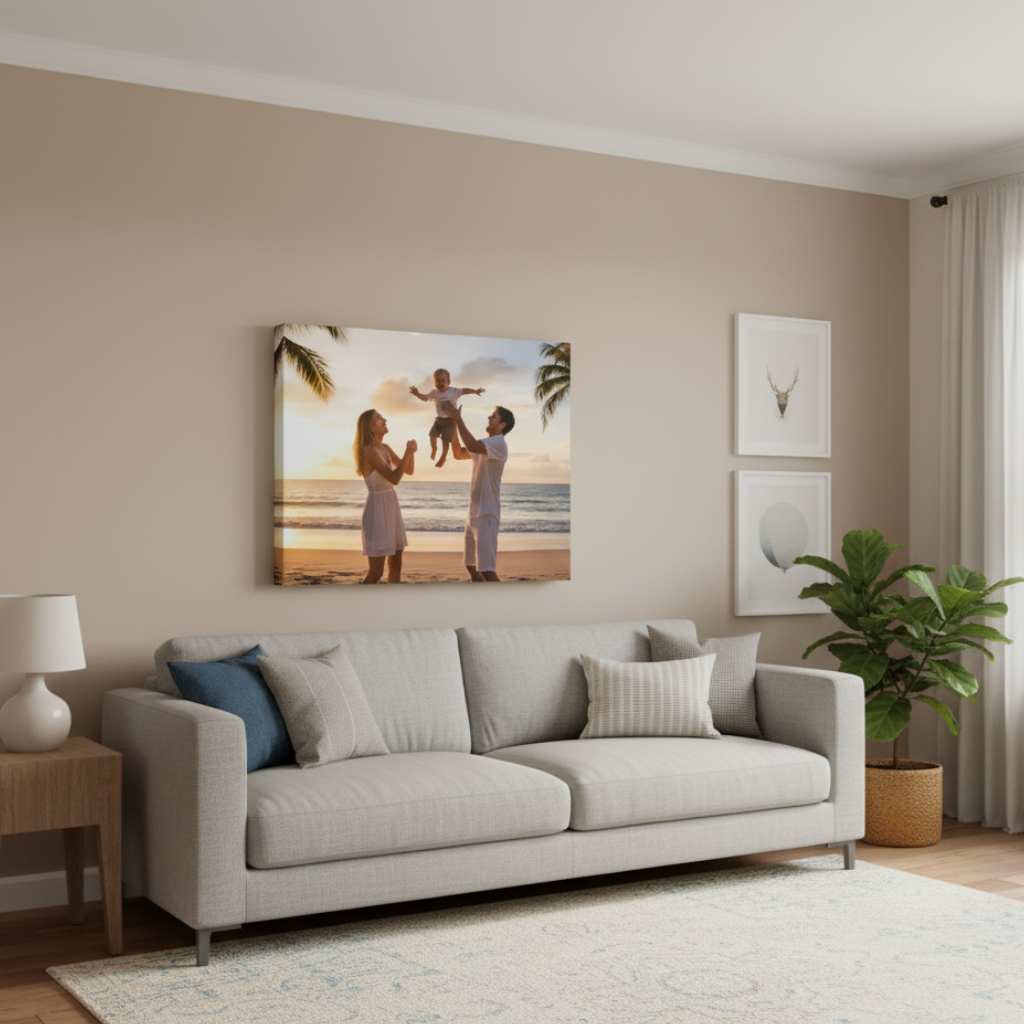 Living room with a gray sofa, decorative pillows, and custom canvas wall art depicting a couple on a beach.