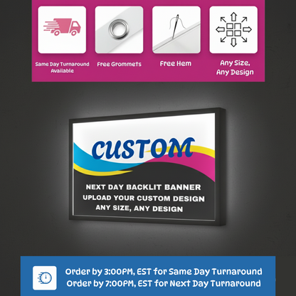 Backlit banner with customizable design options on a dark background