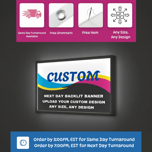 Backlit banner with customizable design options on a dark background