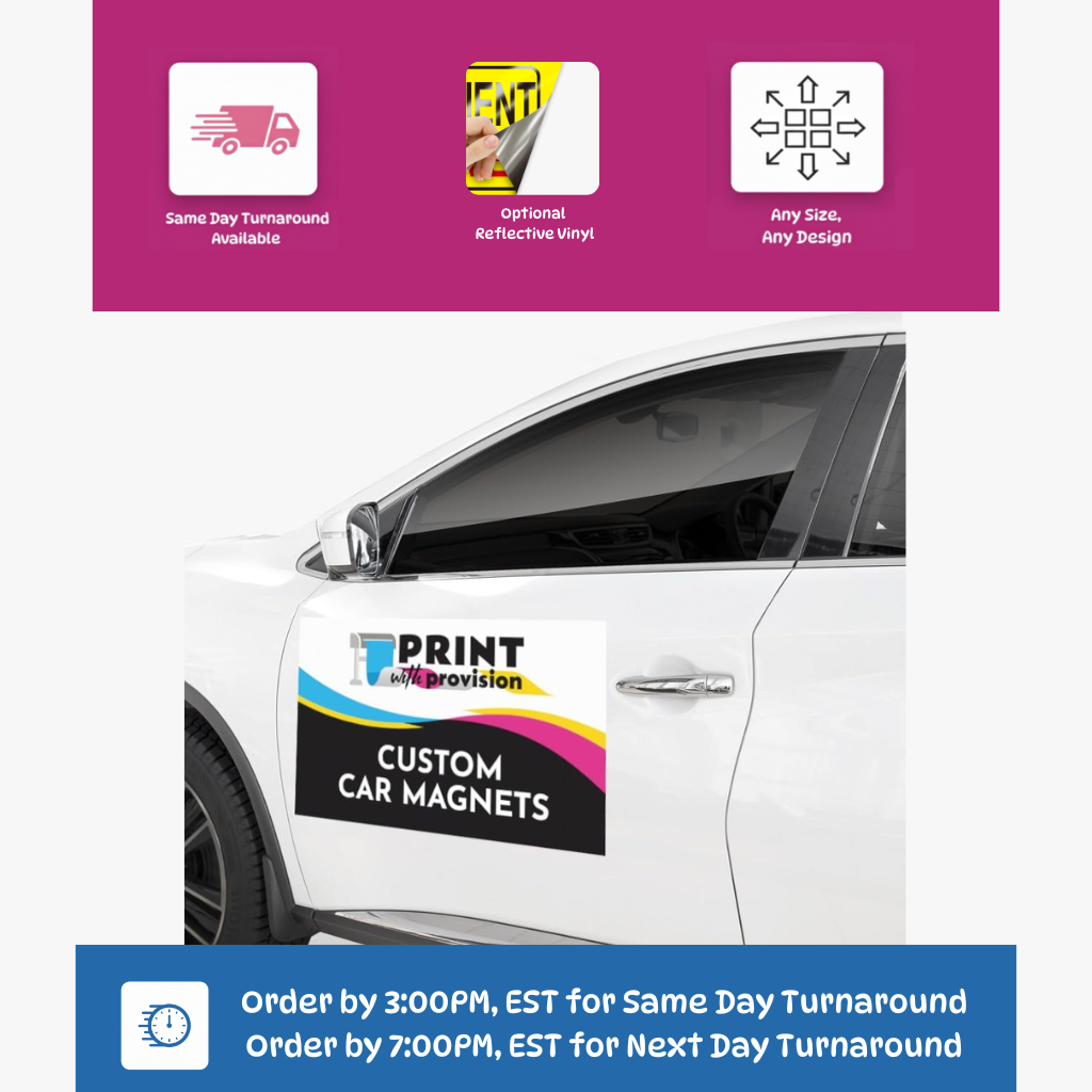 White car with a custom car magnet on the side, featuring text about printing services.