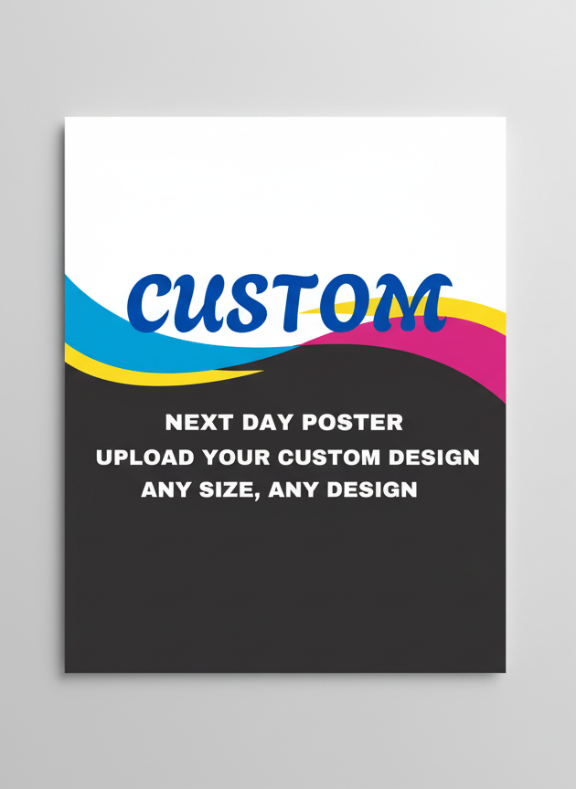 Custom poster design with text and a roll of paper on a gray background