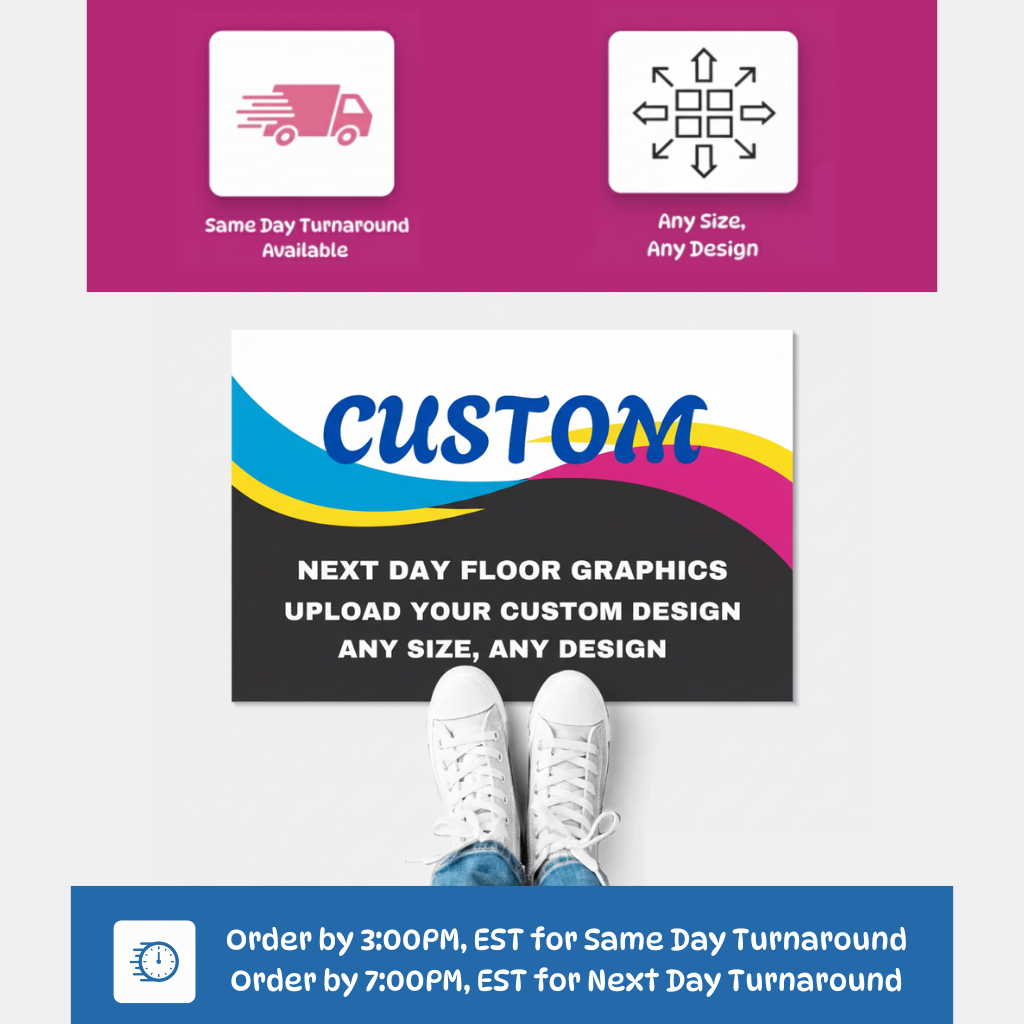 Promotional graphic for custom floor graphics with text and icons on a white background.