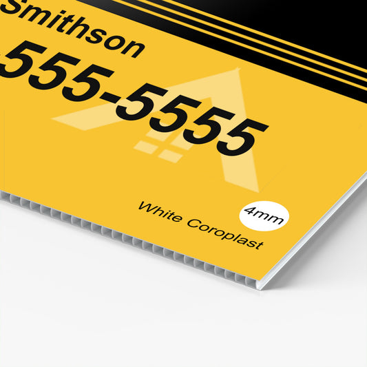 Custom printed 4mm white coroplast sign with yellow and black design, durable yard sign sample for business advertising.