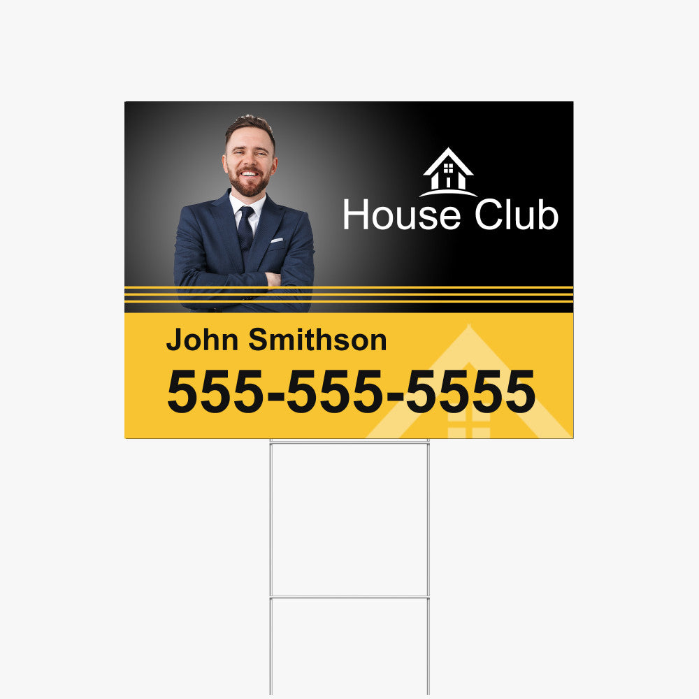 24x18 inch custom real estate yard sign with 10x30 inch metal H-stake, featuring Real Estate agent design and contact information.