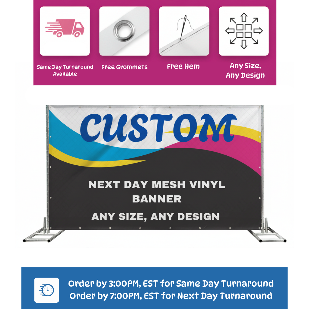 Custom mesh vinyl banner with promotional text about turnaround times and features on a white background.