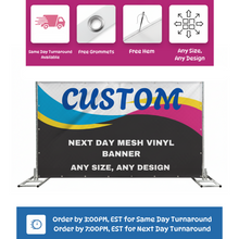 Custom mesh vinyl banner with promotional text about turnaround times and features on a white background.