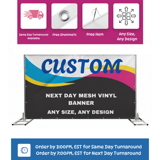 Custom mesh vinyl banner with promotional text about turnaround times and features on a white background.