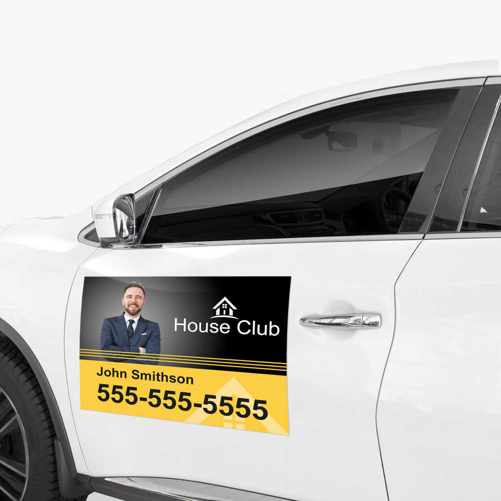 Custom 30mil car magnet for real estate agent, full color House Club design with contact information, displayed on vehicle door.