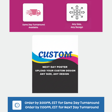 Custom poster displaying text reading "Next Day Poster, upload your custom design, any size, any design"