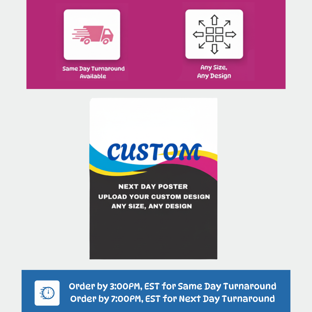 Custom poster displaying text reading "Next Day Poster, upload your custom design, any size, any design"