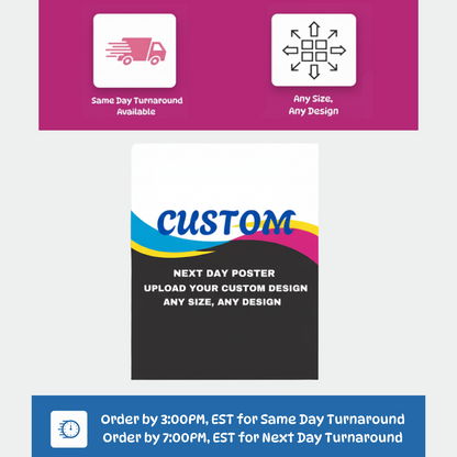 Custom poster displaying text reading "Next Day Poster, upload your custom design, any size, any design"