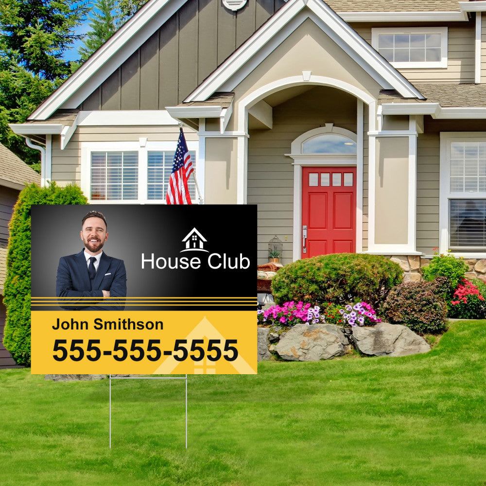 24x18 inch custom real estate yard sign with 10x30 inch metal H-stake, Real Estate agent design and contact info, displayed on front lawn of home.