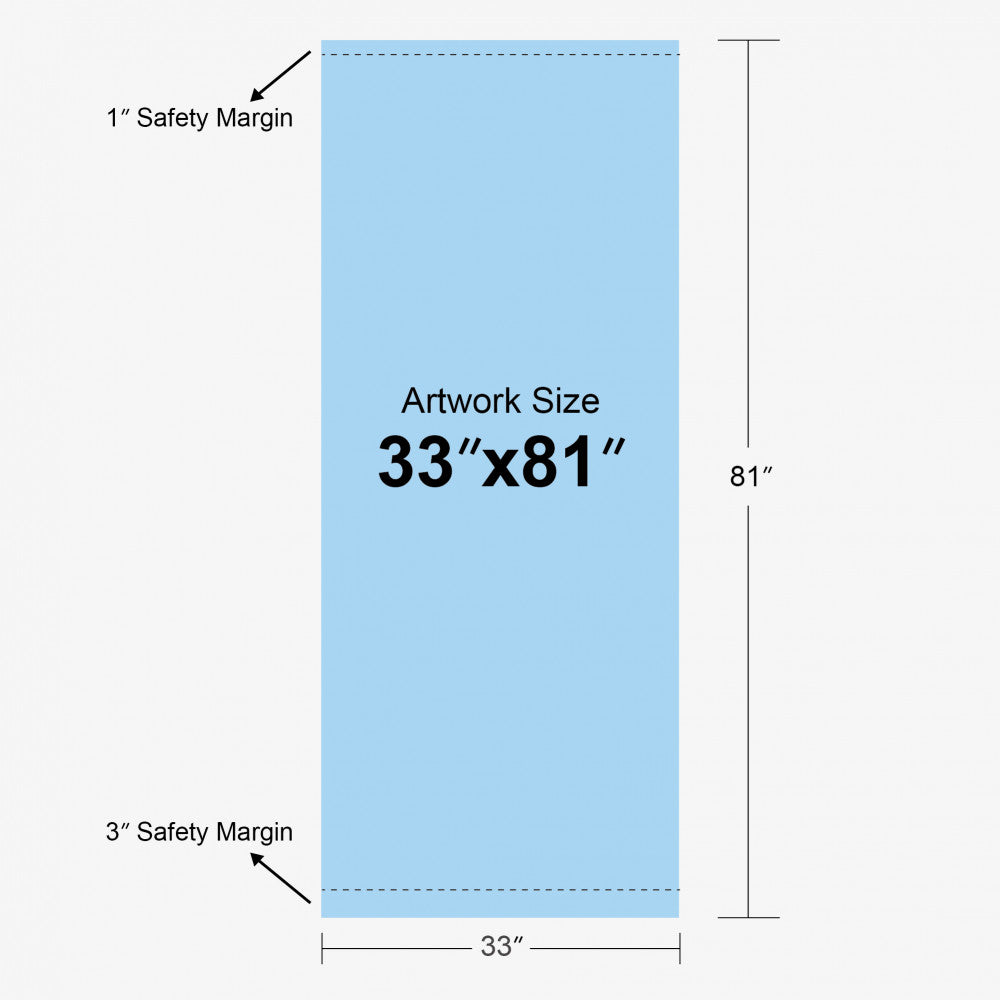 33x81 inch retractable banner stand size template with artwork area and safety margins, print design guide for roll-up banners.